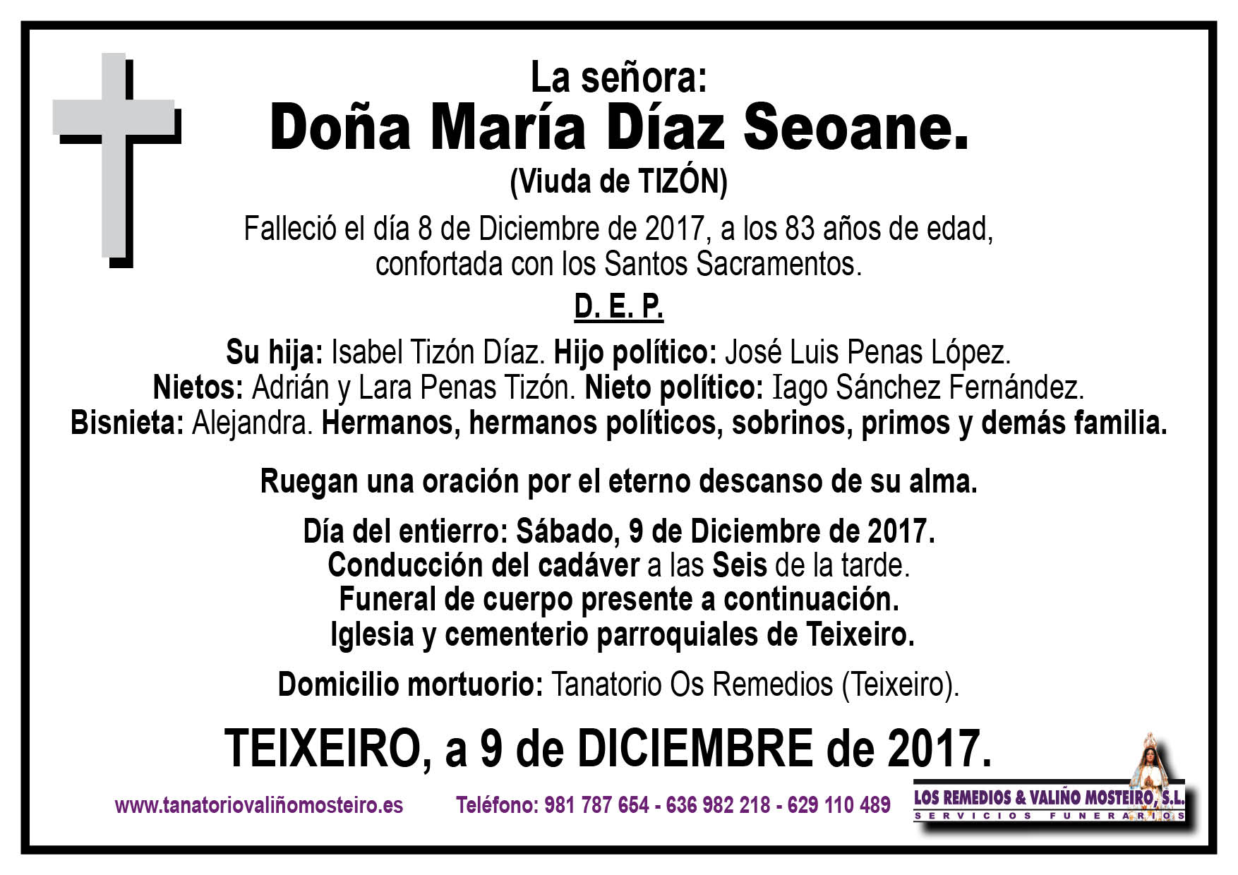 Esquela de María Díaz Seoane.